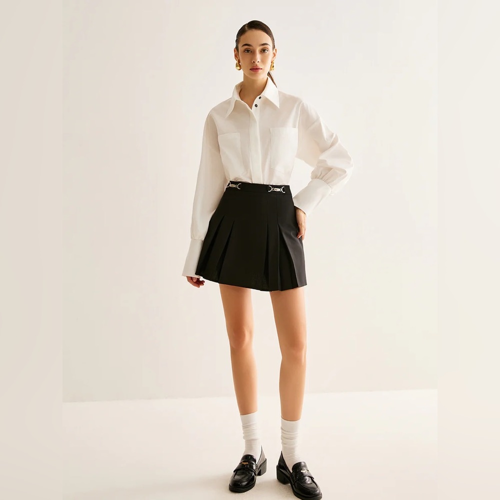 Commense Metal-Belt Pleated Mini Skirt